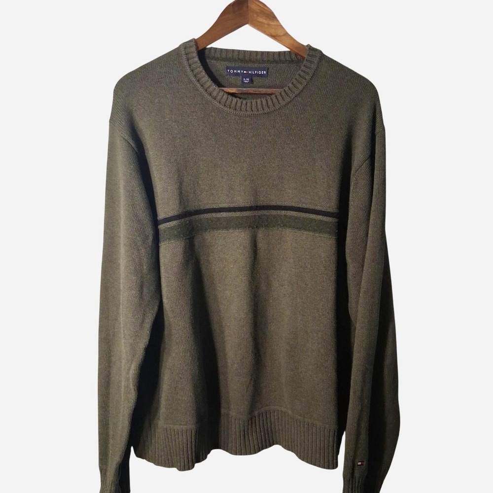 Mens Tommy Hilfiger olive green sweater with horizontal black stripe